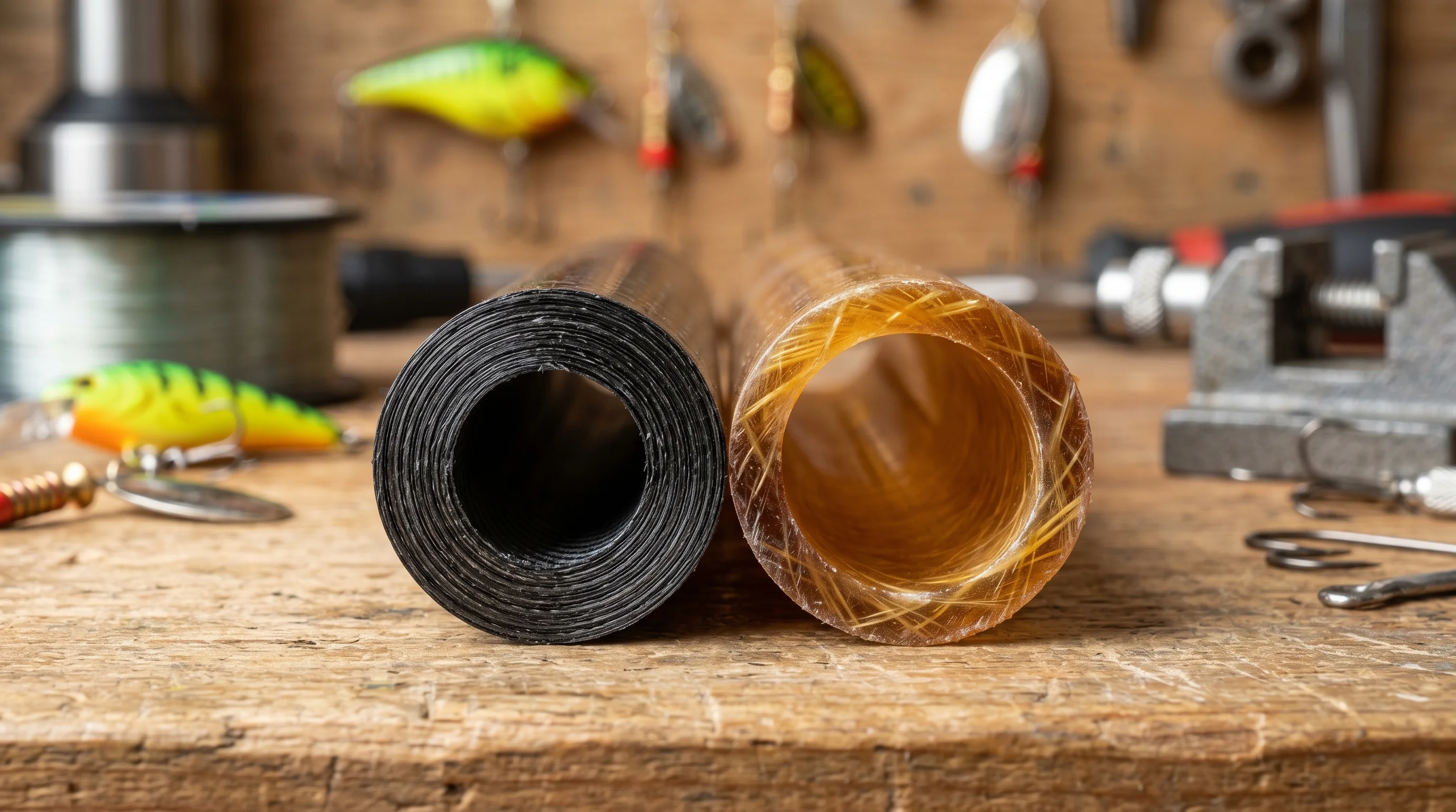 Macro close up of graphite and fiberglass rod blank materials