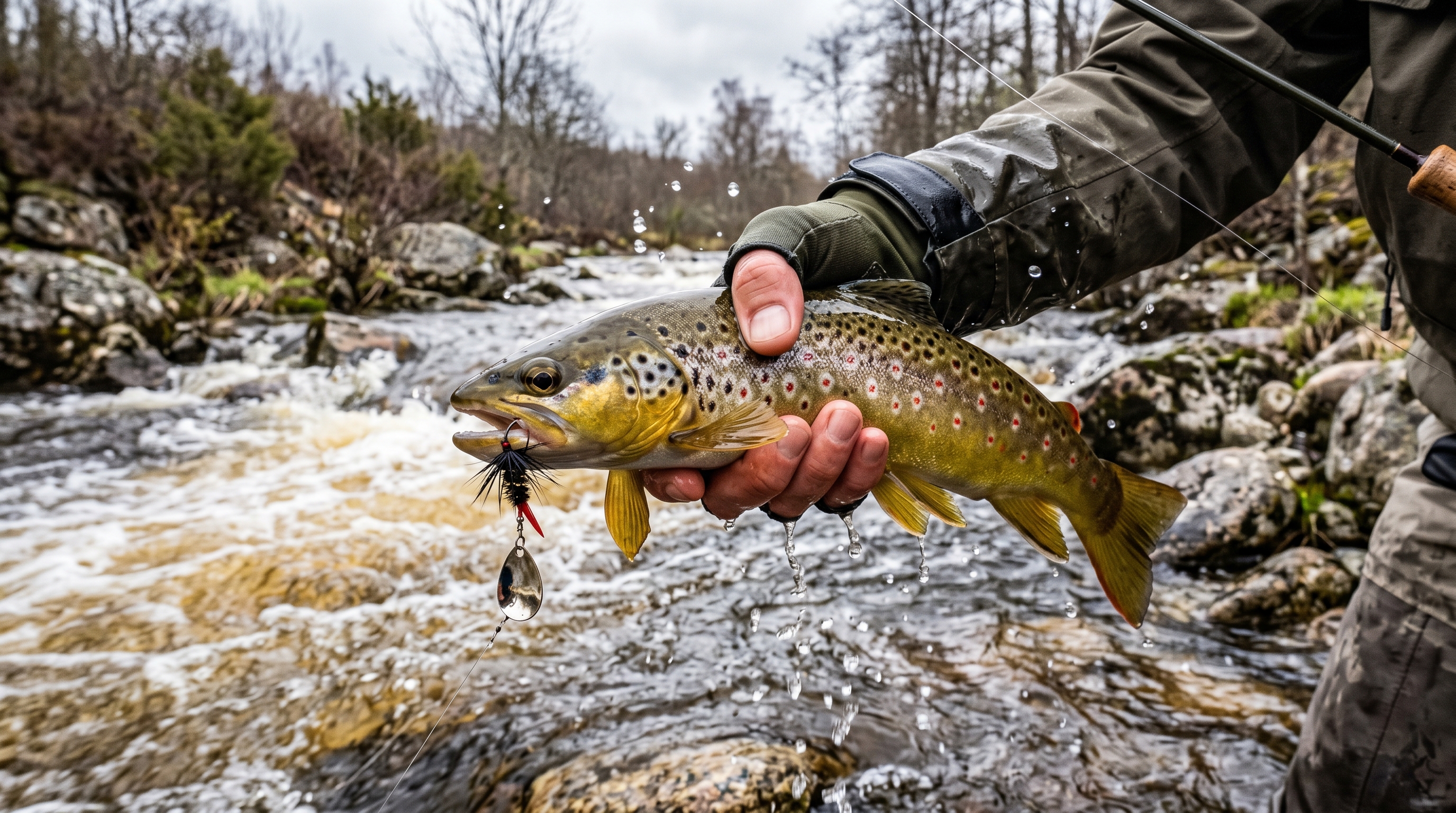 RoxStar Fly Striker spinner being retrieved through fast water current to catch wild brown trout