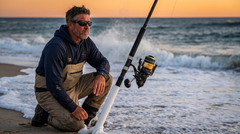 Captain Pete Offshore Iron Callahan field testing the Shimano Baitrunner D spinning reel mounted on a surf rod in a sand spike on a North Carolina beach