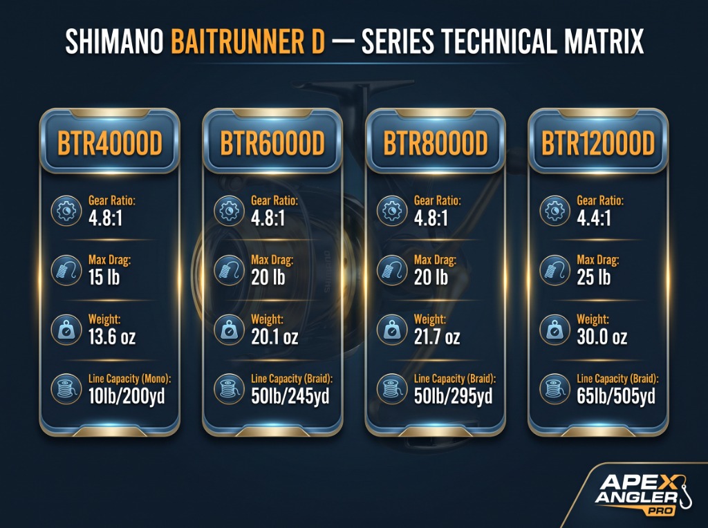 Shimano Baitrunner D Series Technical Matrix comparing BTR4000D, BTR6000D, BTR8000D, and BTR12000D gear ratios, max drag, weight, and line capacity