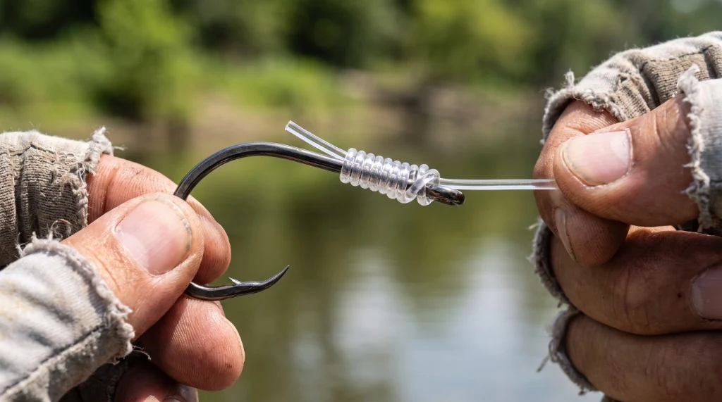 Macro demonstration of a perfectly tied Snell knot on an 8/0 forged circle hook for catfish rigging