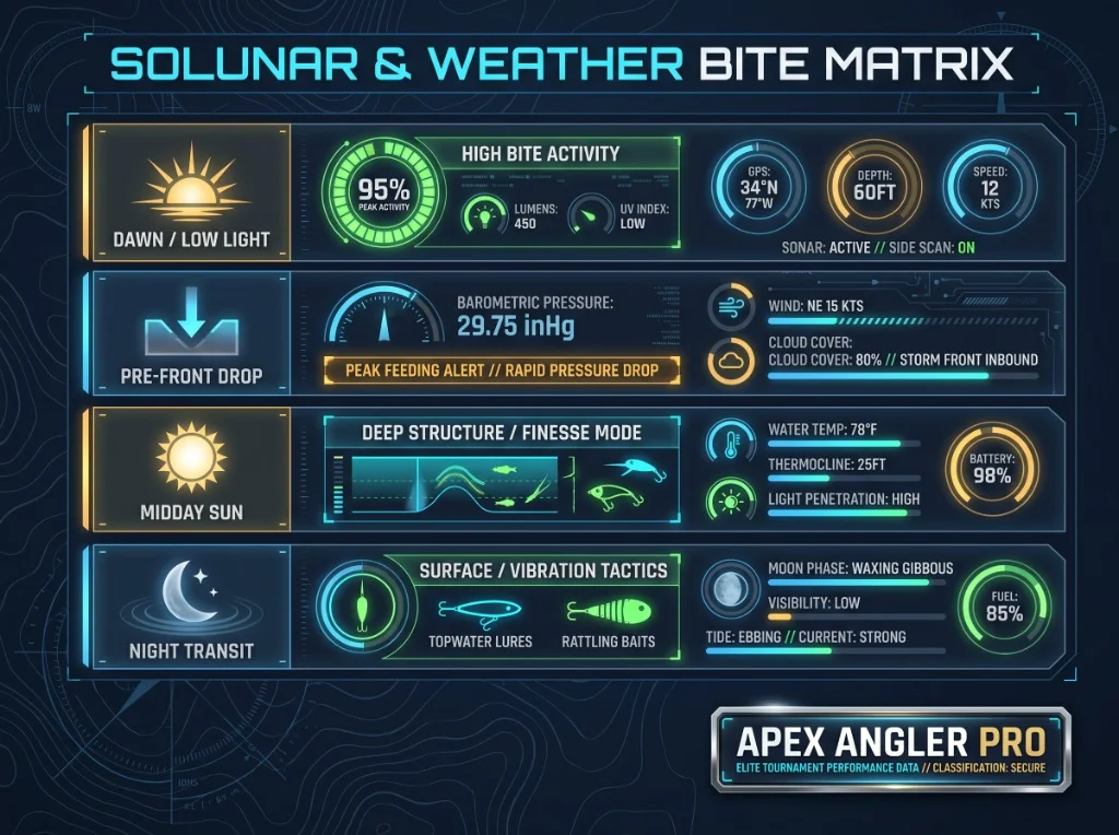 Solunar and weather bite matrix showing atmospheric pressure, light phase, and tactics
