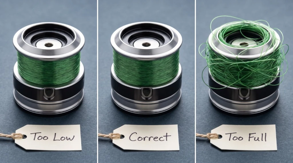 Split-frame comparison showing Too Low, Correct 1/16 inch, and Too Full spinning reel spool fill levels