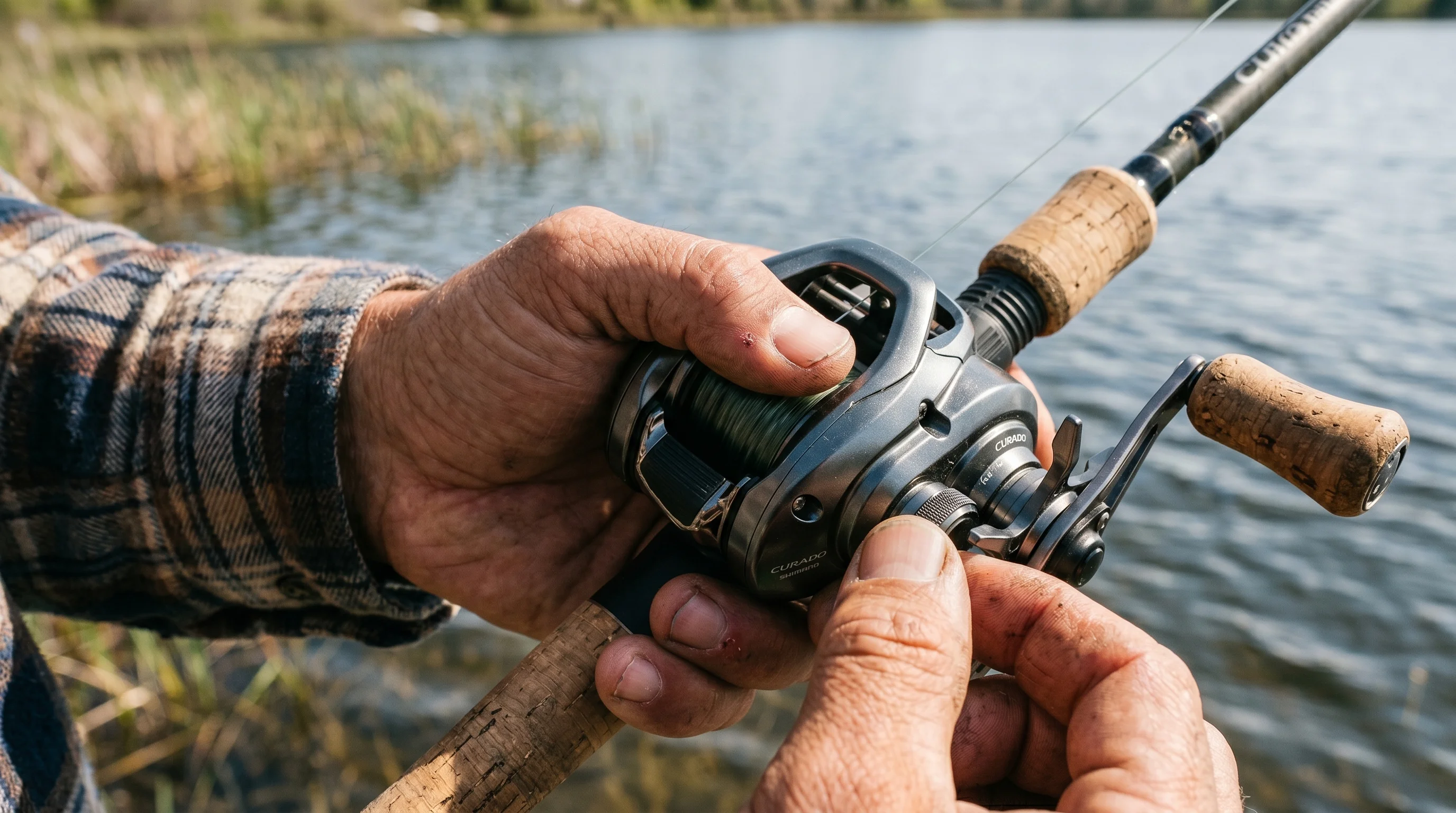 First-person perspective adjusting the spool tension knob on a Shimano Curado