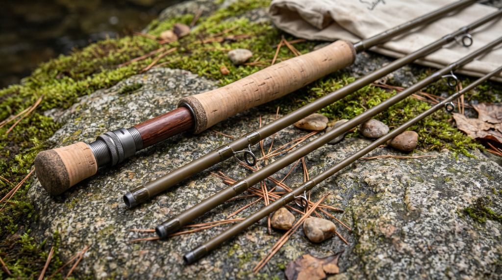 St. Croix Imperial USA 4-piece fly rod disassembled on streamside mossy rock showing SPF ferrule connections, cloth rod sock, and Sea Guide PVD snake guides