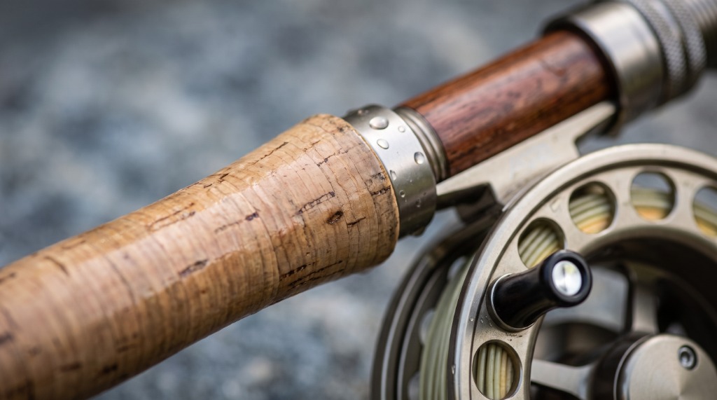 Macro close-up detail of St. Croix Imperial USA uplocking reel seat with dark figured rosewood insert, machined aluminum knurled locking ring, and premium-grade half-wells cork grip
