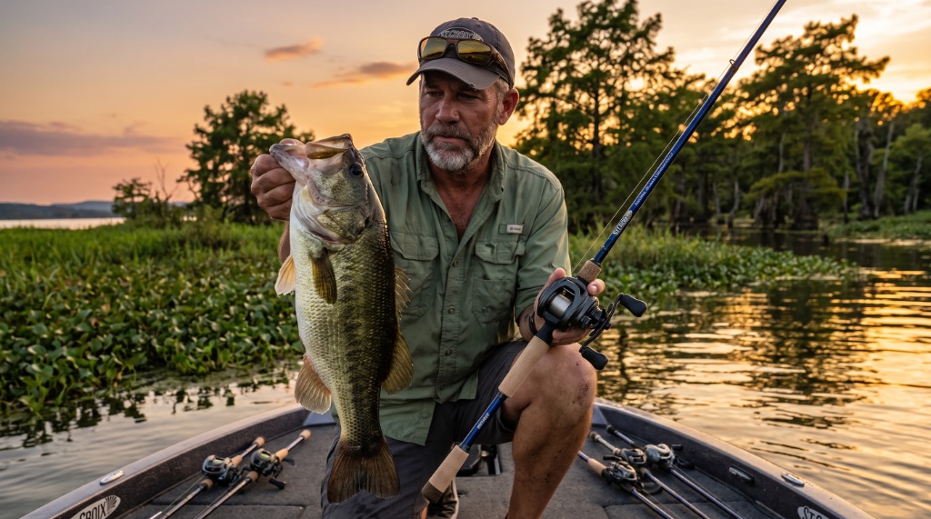 Marcus Thorne holding a 6-pound Guntersville largemouth bass and St. Croix Legend Tournament Bass casting rod with Lew's baitcaster