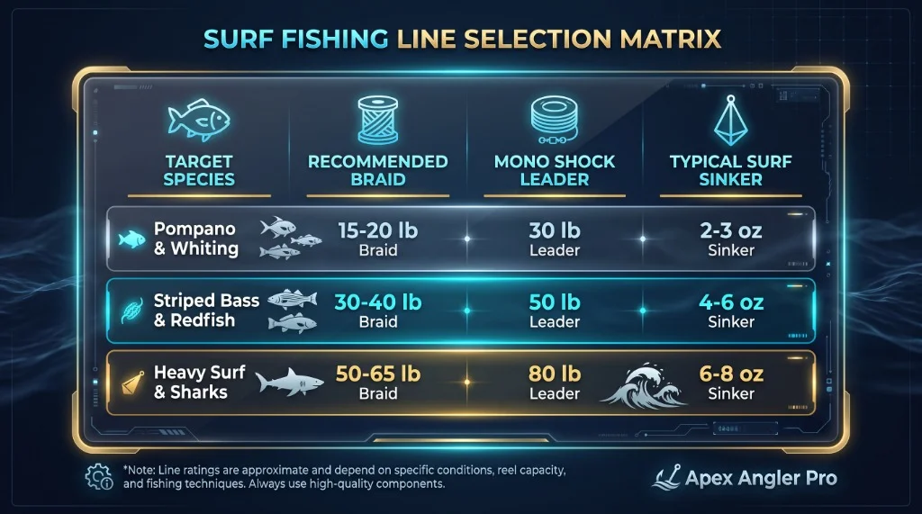 High-tech glowing digital graphic chart titled Surf Fishing Line Selection Matrix showing species, recommended braid, mono shock leader, and surf sinker weights