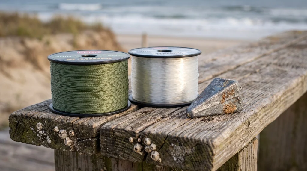 Two spools of green braided line and clear monofilament shock leader next to a heavy pyramid surf sinker on weathered boardwalk wood
