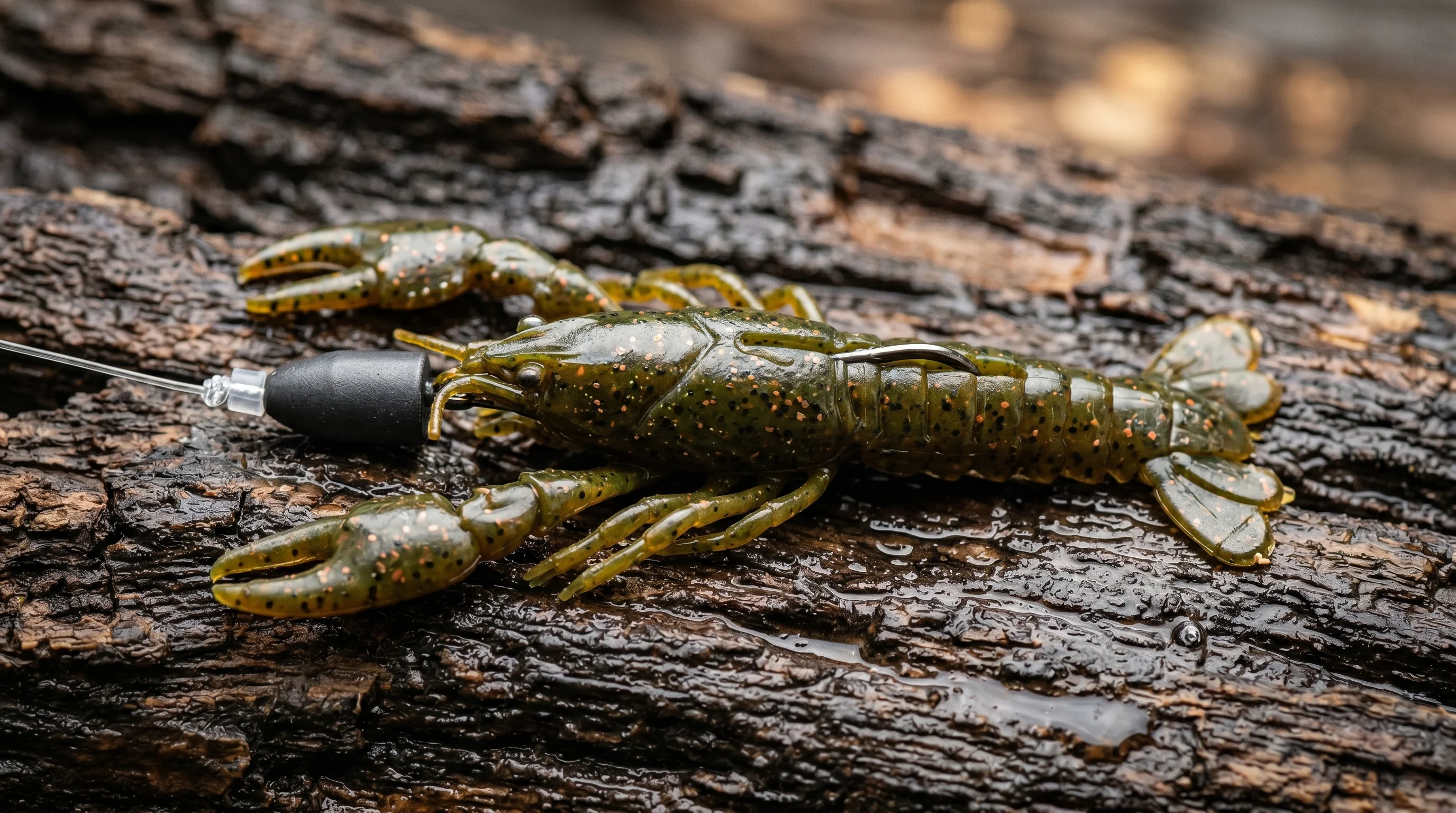 Texas-rigged craw soft plastic resting on a wet log structure