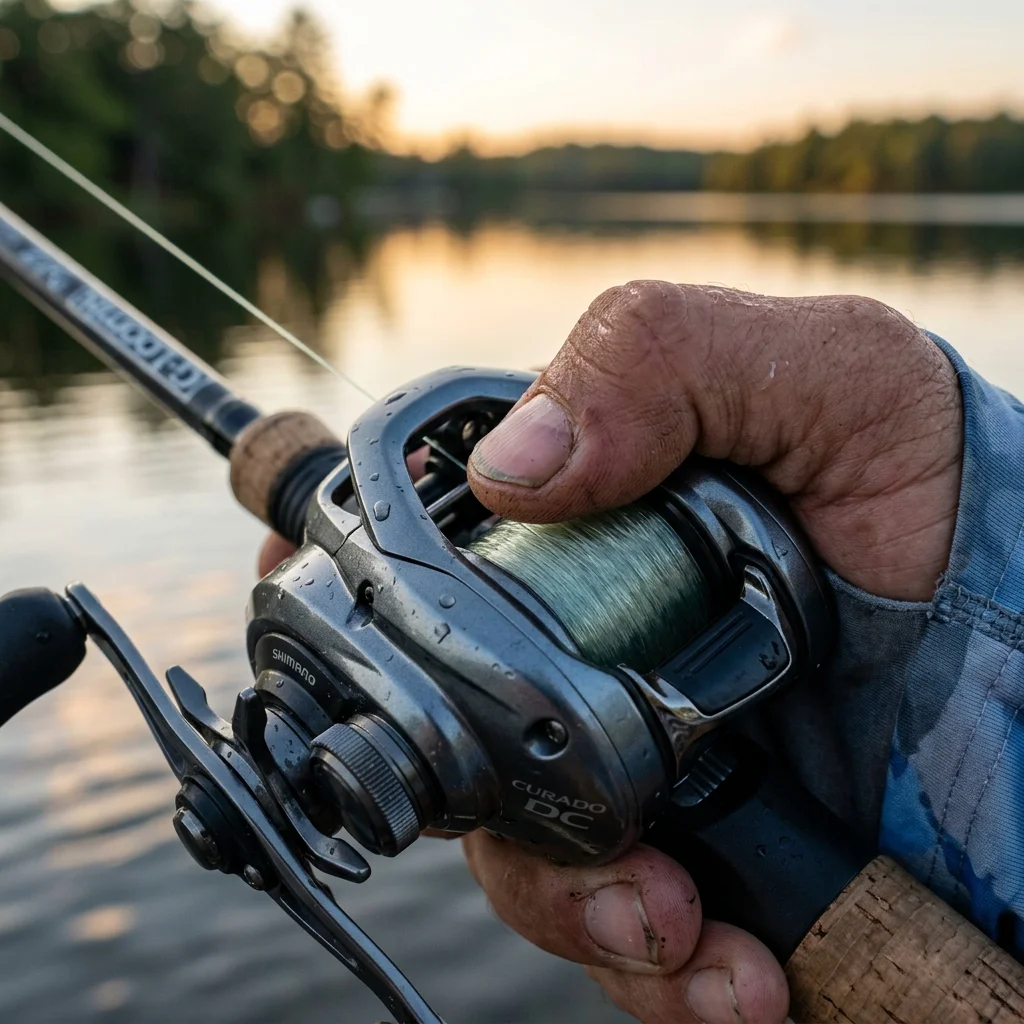 Extreme close-up of a fisherman's thumb feathering a baitcaster spool during casting