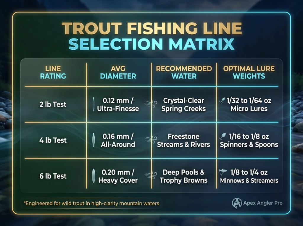 Trout Fishing Line Selection Matrix Infographic by Apex Angler Pro comparing 2lb, 4lb, and 6lb lines by diameter, water clarity, and lure weight