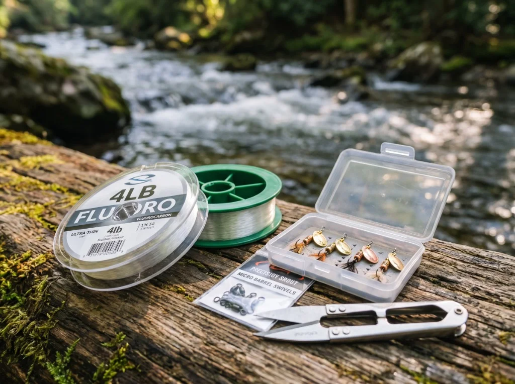 Ultralight trout fishing gear flat-lay with 4lb fluorocarbon spool, monofilament spool, micro swivels, and inline spinners