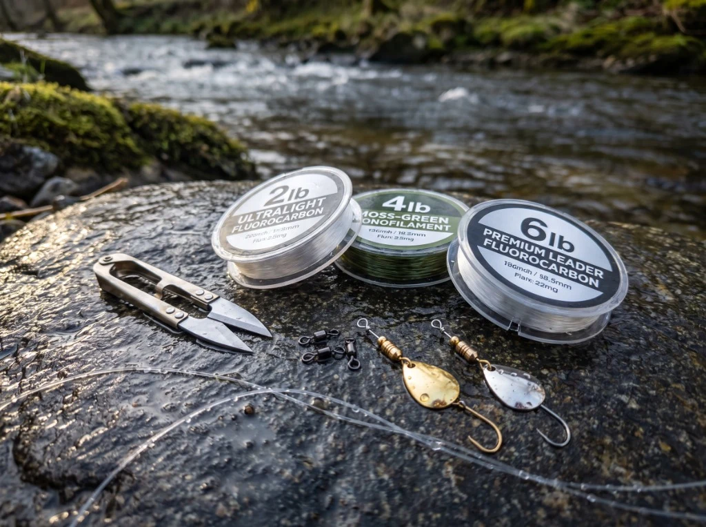 Trout line rigging setup showing 2lb fluorocarbon, 4lb monofilament, 6lb leader, micro swivels, and inline spinners on a wet river stone