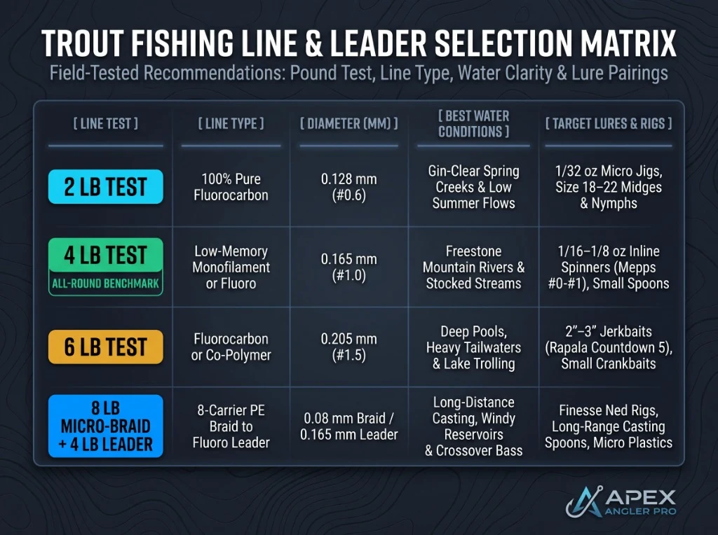 Trout Fishing Line and Leader Selection Matrix infographic showing pound test, line types, diameters in mm, and lure pairings