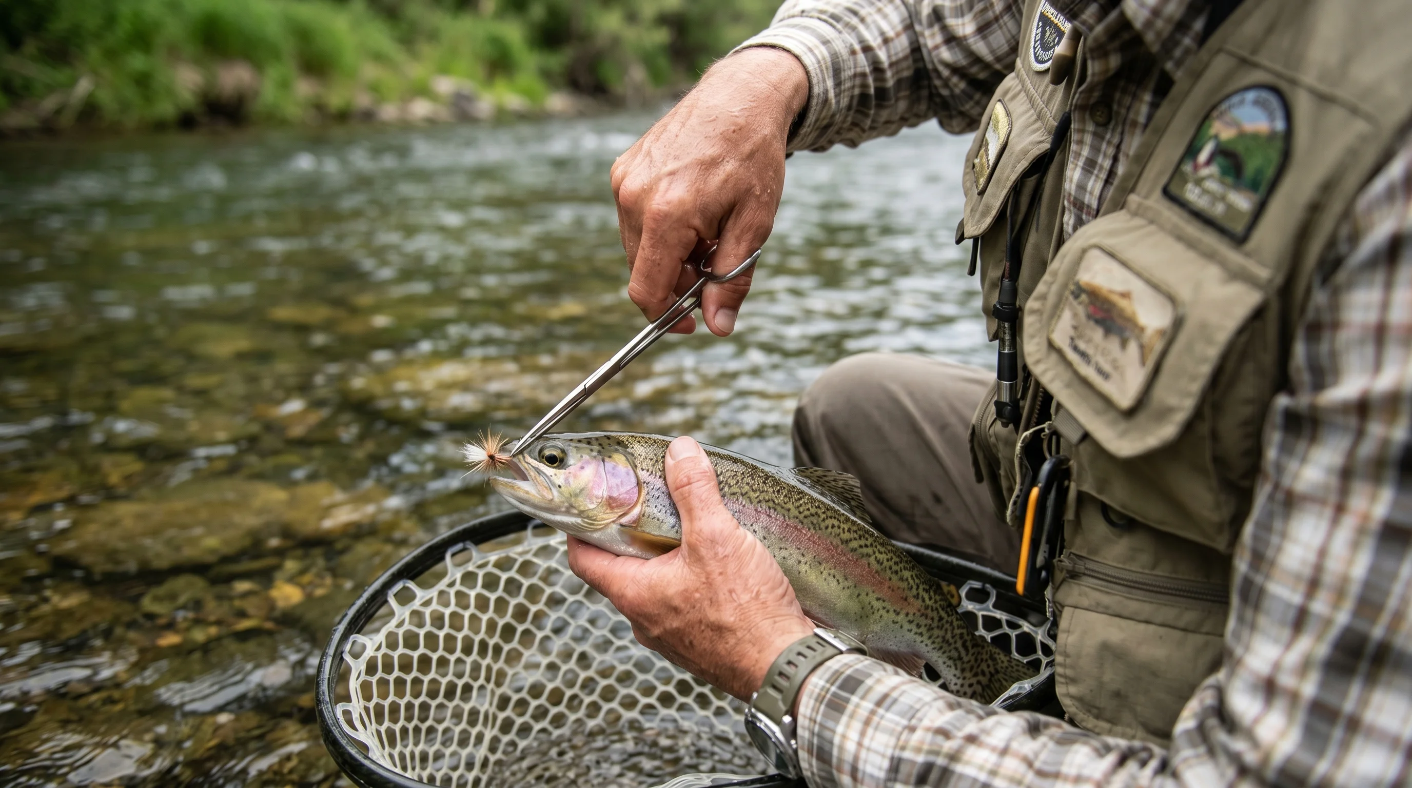 Close up over the shoulder shot of cradling a trout underwater during release