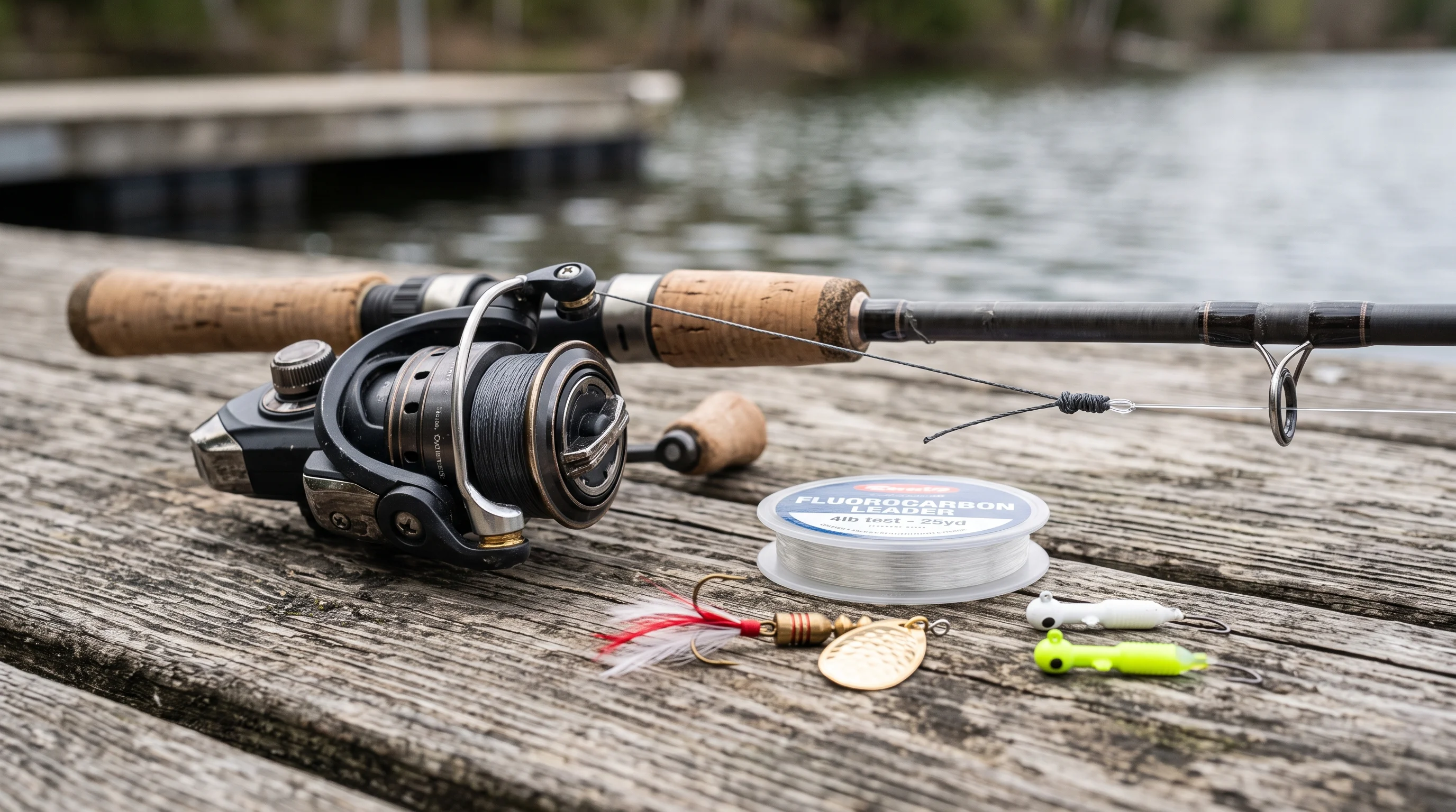 Close-up of ultralight spinning reel mounted on a rod
