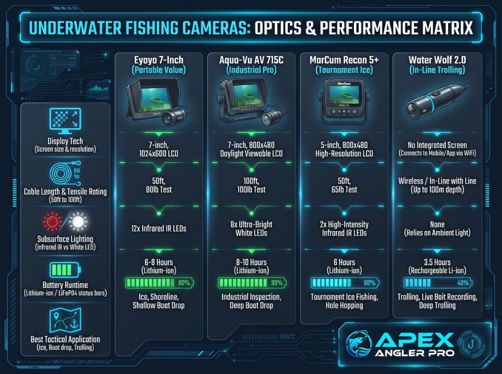 Optics and performance specification matrix comparing Eyoyo 7-Inch, Aqua-Vu AV 715C, MarCum Recon 5 Plus, and Water Wolf 2.0