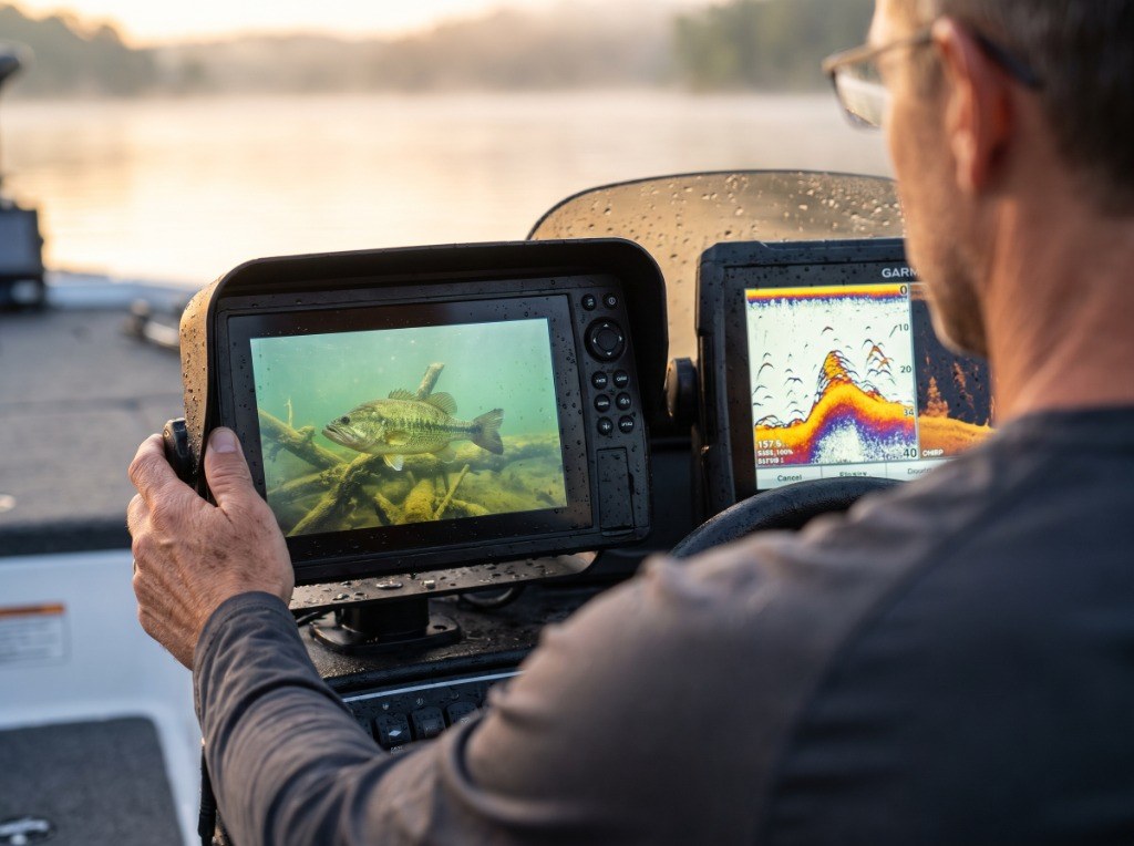 Angler using dual-screen console setup with underwater camera IPS monitor and 2D CHIRP sonar on bass boat