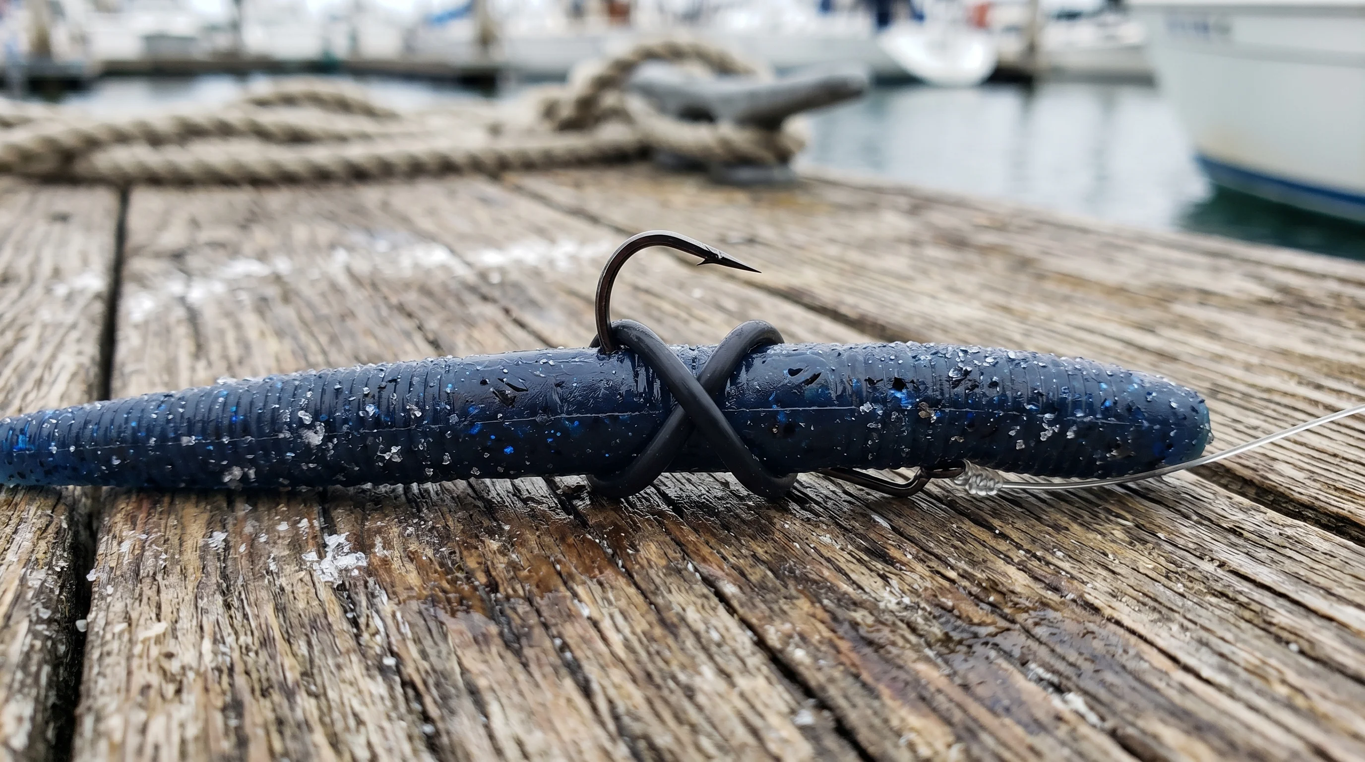 Detailed close-up macro photograph of a wacky-rigged worm with an O-ring and weedless hook