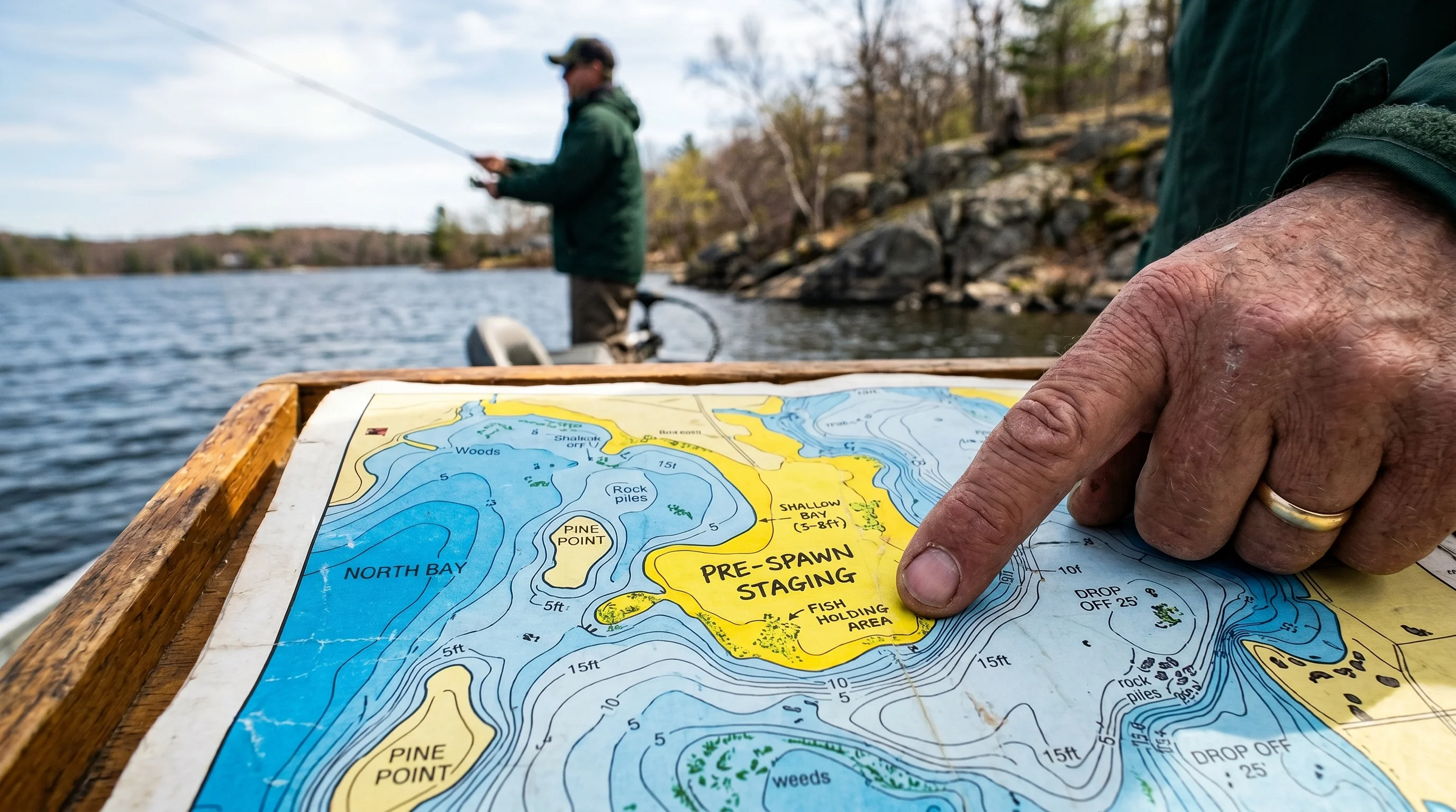 Top-down detail of walleye migration map and bathymetric contours